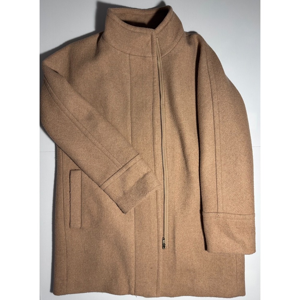 J.Crew Womens Wool Blend Coat Size 12 Camel Tan Stand Collar Zip Front Lined